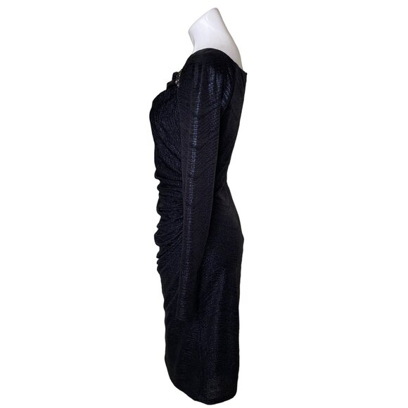 David Meister Black Textured Long-Sleeve Ruched Dress W/ Beaded Shoulders Size 8 - Picture 6 of 8